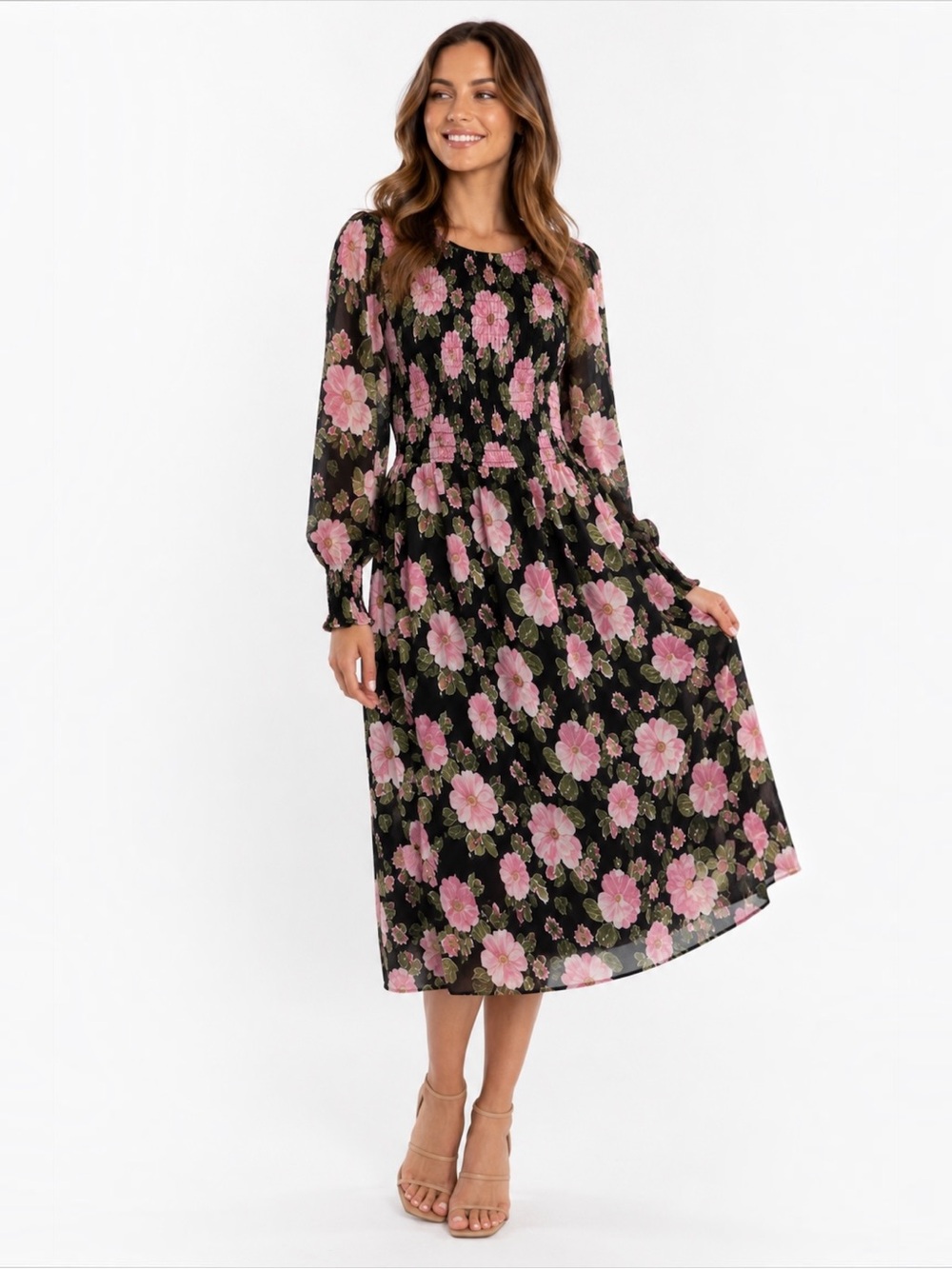 WAYF Floral Smocked Midi Dress Women’s Small Black Pink Rose Long Sleeve Lined